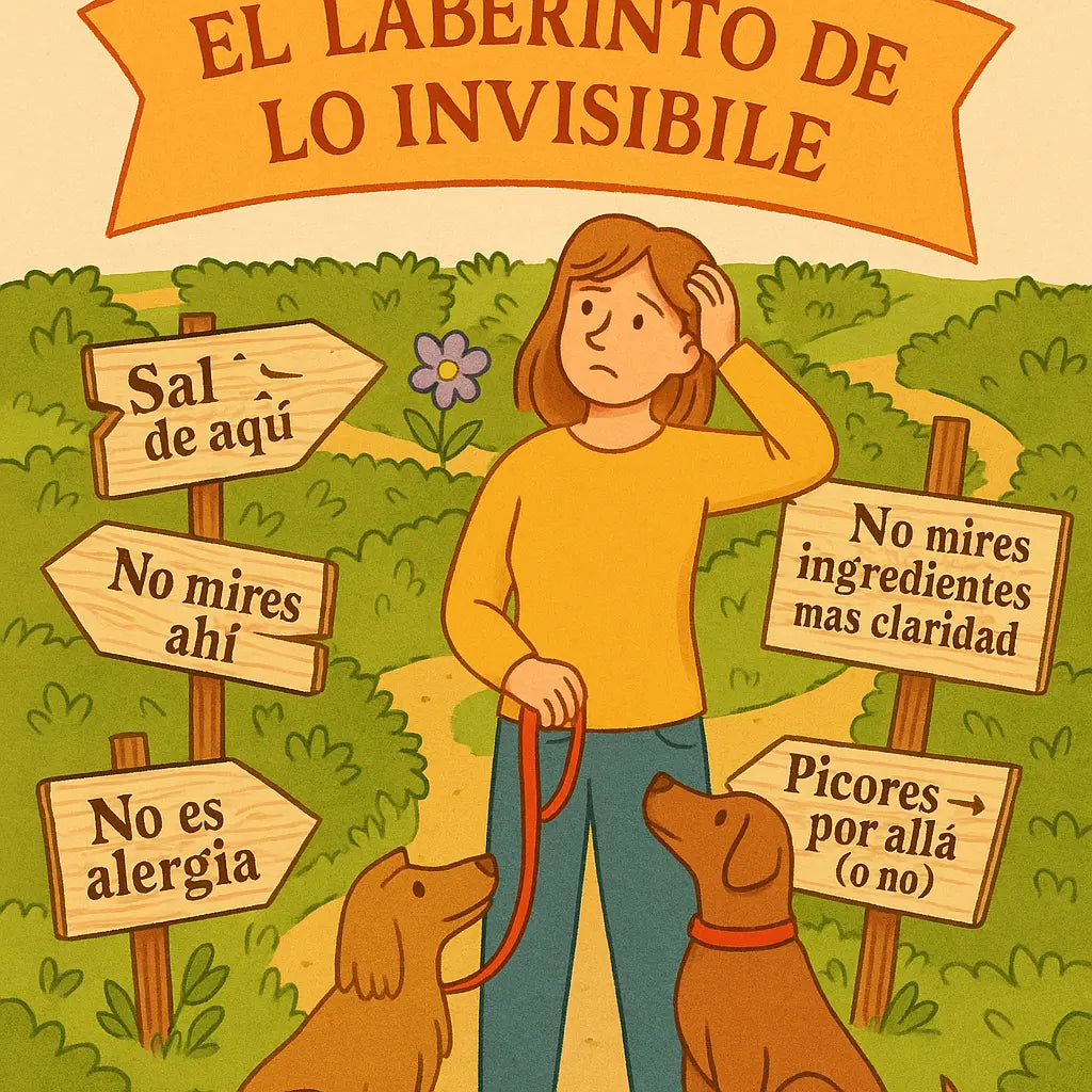 Ilustracion de una persona con sus perros en un laberinto representando la dificultad de entender alergias caninas
