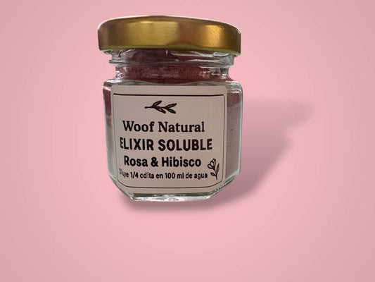 Elixir Rosa & Hibisco - Bebida Floral Soluble para Perros Woof Natural - Puro & Simple - Obrador canino artesanal para perros felices
