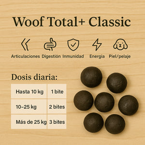 Woof Total+ – Suplemento funcional diario en formato bocado. Classic, Sweet y Senior