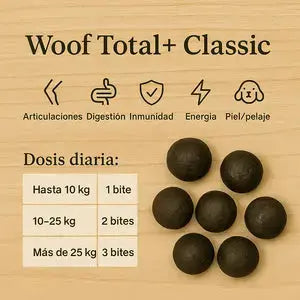 Woof Total+ – Suplemento funcional diario en formato bocado. Classic, Sweet y Senior Woof Natural - Puro & Simple - Obrador canino artesanal para perros felices