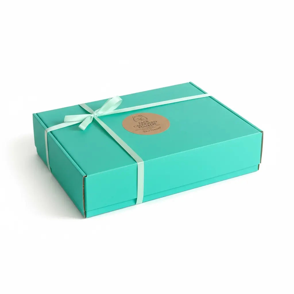 Pack Cachorro Pompón caja turquesa cerrada con lazo decorativo y etiqueta redonda de Woof Natural, presentación de regalo