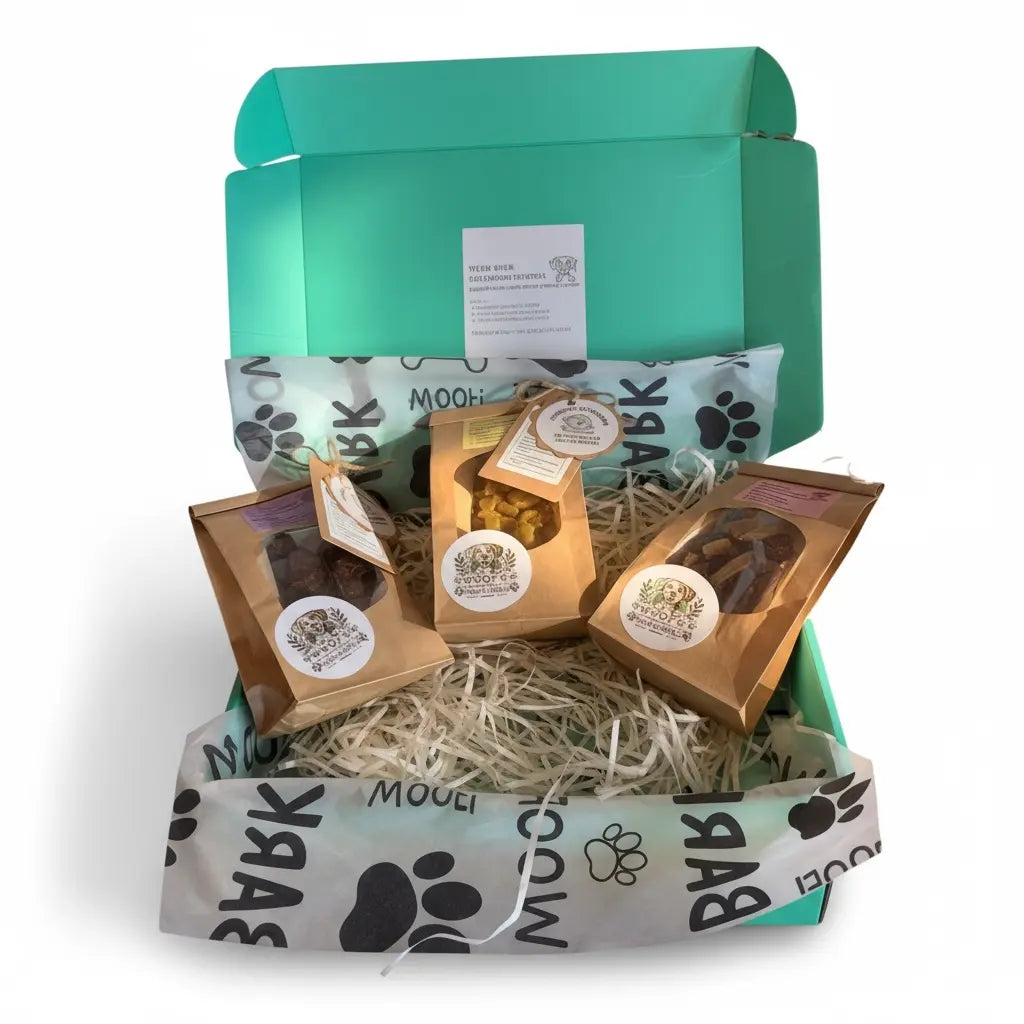 Caja abierta del Pack Cachorro Pompón mostrando el contenido completo con bolsitas de snacks naturales organizadas, etiquetas informativas y presentación interior del producto Woof Natural