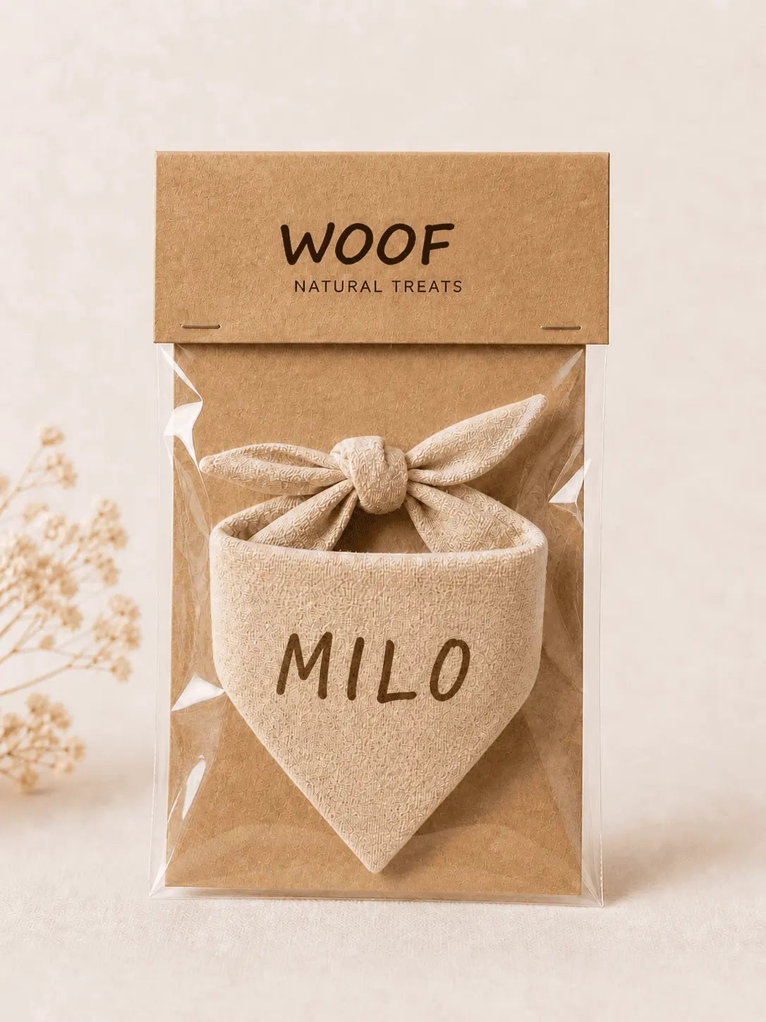 Bandana Woof con su nombre Woof Natural - Puro & Simple - Obrador canino