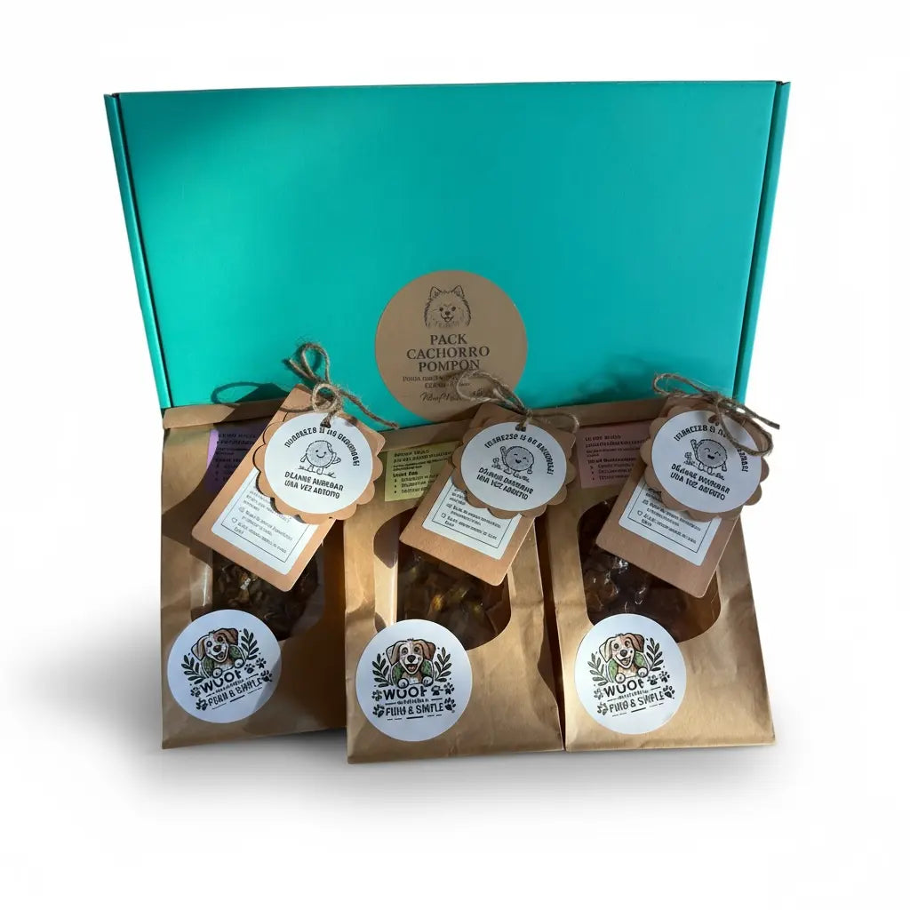 Pack Cachorro Pompón con caja turquesa detrás de  3 bolsitas de snacks naturales con etiquetas colgantes redondas y cordel de yute de Woof Natural, etiqueta central del pack visible en la tapa